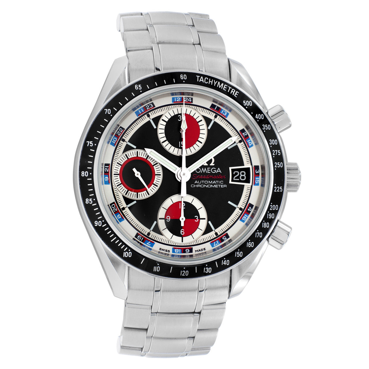 Exclusive Omega Stainless Steel Speedmaster Date 3210.52.00 — Front View