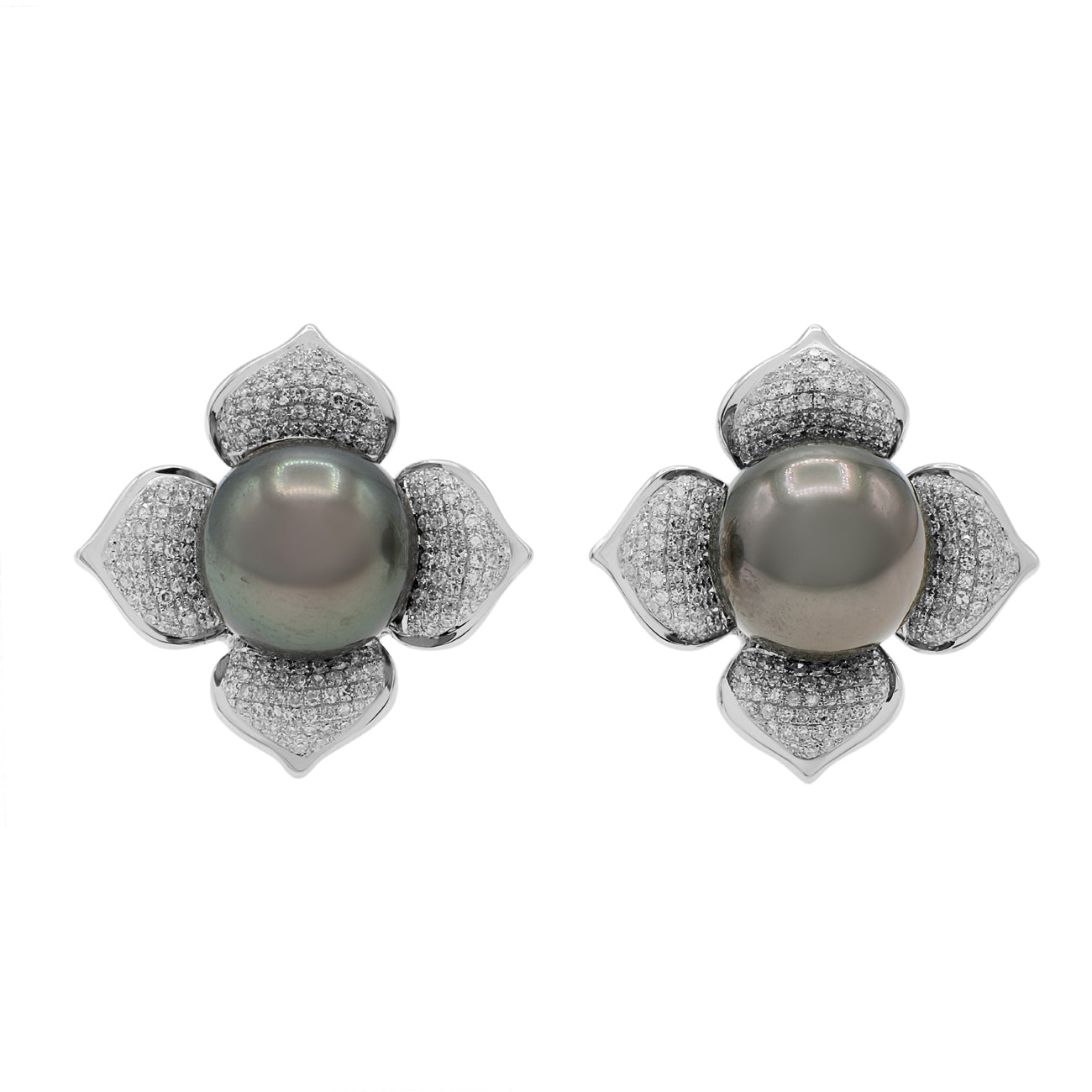 Exclusive 18K White Gold 12.0mm Tahitian Pearl & Diamond Earrings — Front View
