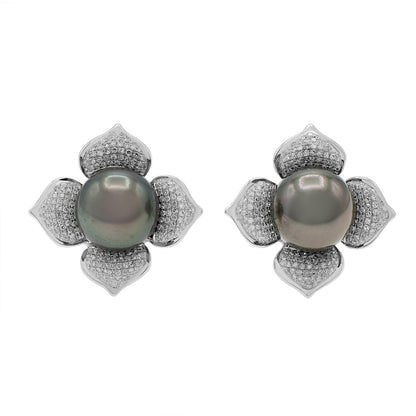 Exclusive 18K White Gold 12.0mm Tahitian Pearl & Diamond Earrings — Front View