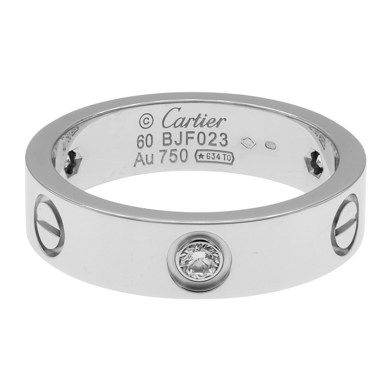 Exclusive Cartier 18K White Gold 3 Diamond Love Ring — Front View