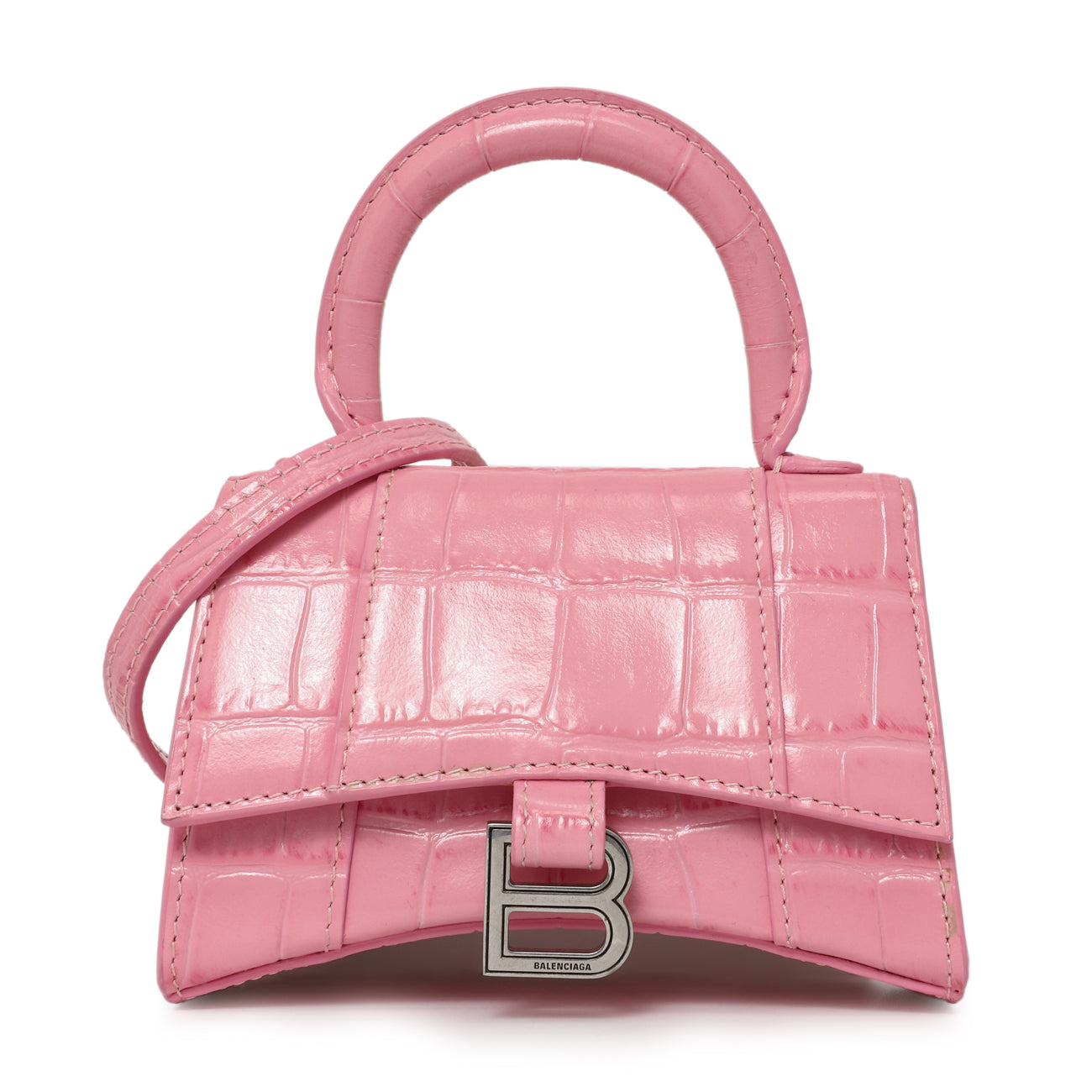 Exclusive Balenciaga Pink Crocodile Embossed Shiny Calfskin Mini Hourglass Top Handle Bag — Side View