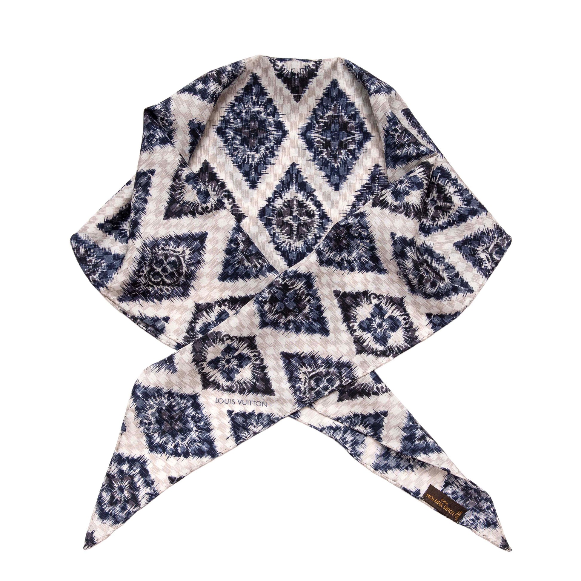 Exclusive Louis Vuitton Blue White Monogram Silk Scarf — Front View