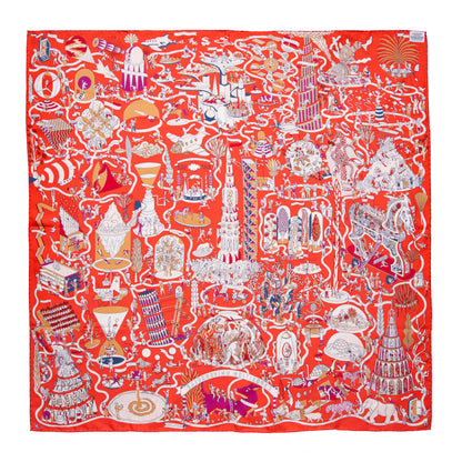 Exclusive Hermes Rouge Creme Violet Silk Exposition Universelle Scarf 90 — Back View