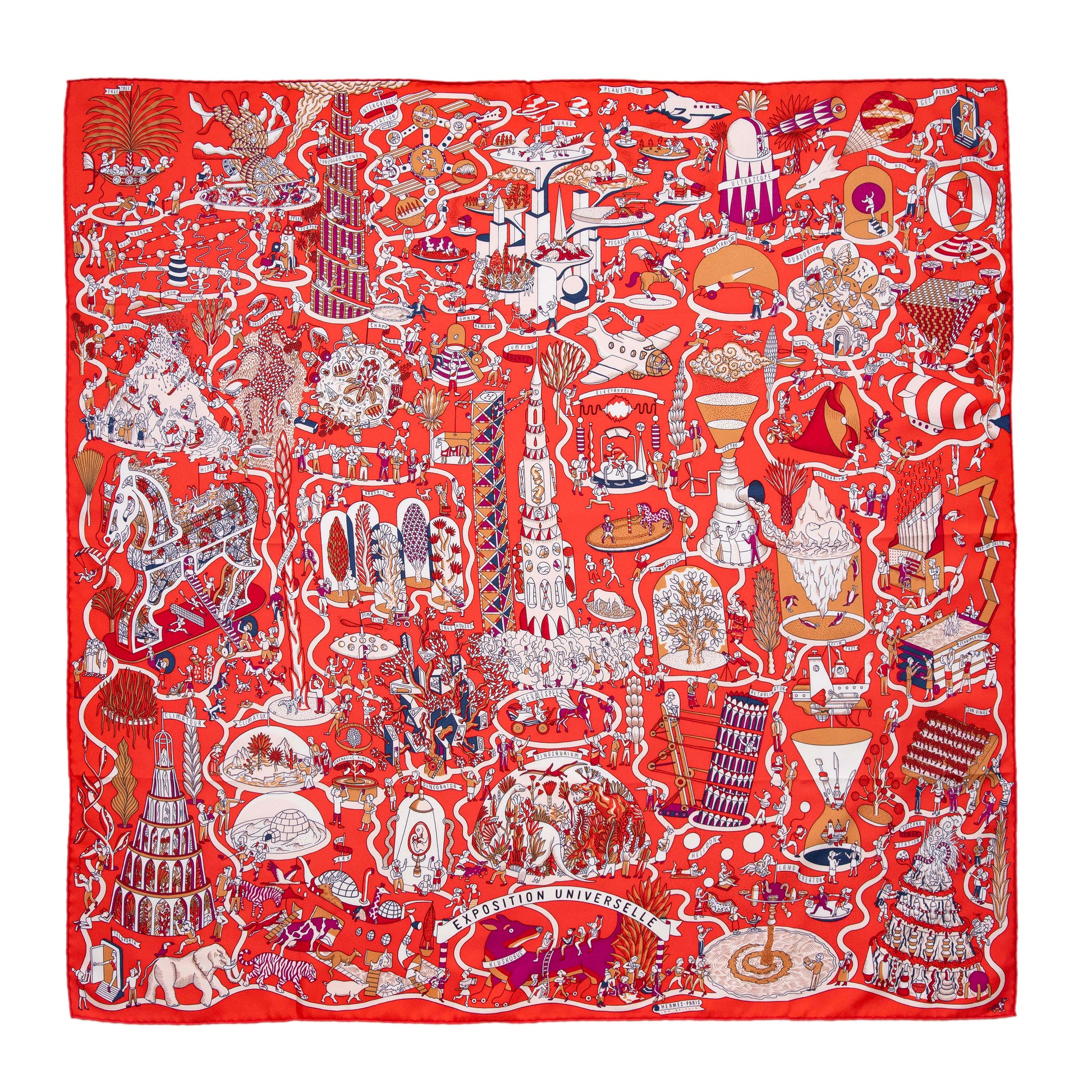 Exclusive Hermes Rouge Creme Violet Silk Exposition Universelle Scarf 90 — Side View
