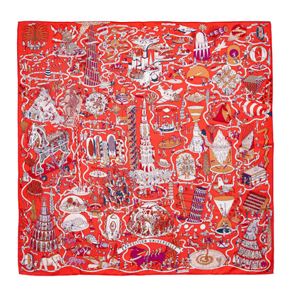 Exclusive Hermes Rouge Creme Violet Silk Exposition Universelle Scarf 90 — Side View