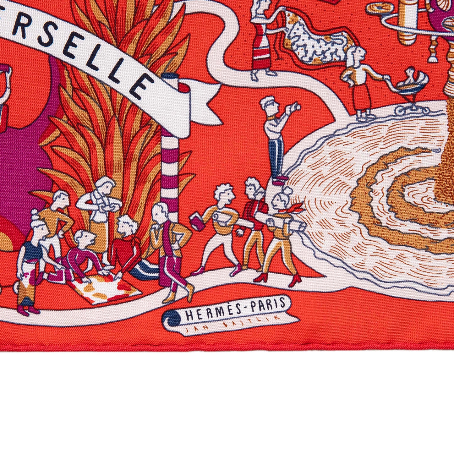 Exclusive Hermes Rouge Creme Violet Silk Exposition Universelle Scarf 90 — Top View