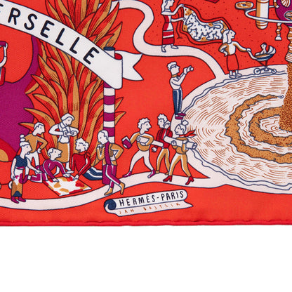 Exclusive Hermes Rouge Creme Violet Silk Exposition Universelle Scarf 90 — Top View