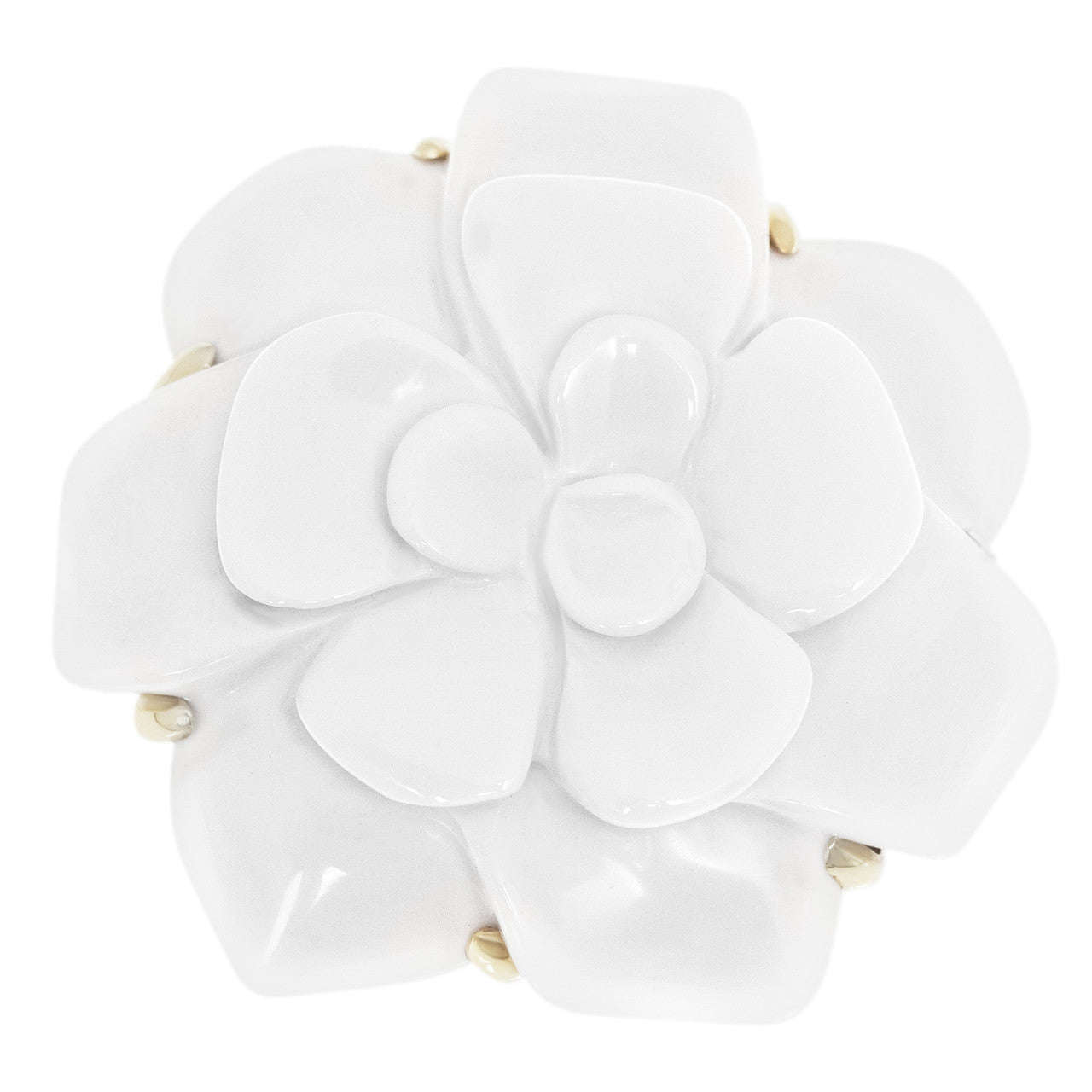 Exclusive Chanel 18k Yellow Gold Camellia Brooch — Front View