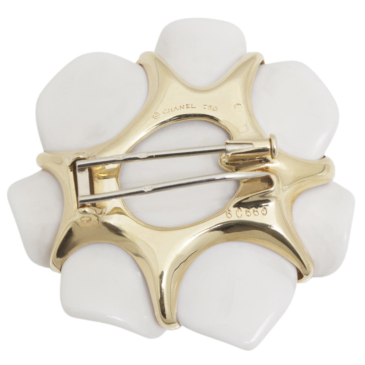 Exclusive Chanel 18k Yellow Gold Camellia Brooch — Side View