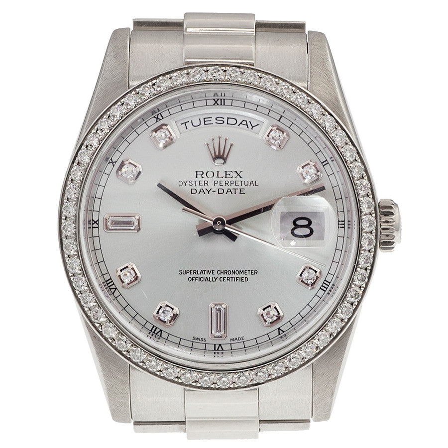 Exclusive Rolex Day Date President Platinum Watch 118346 — Front View