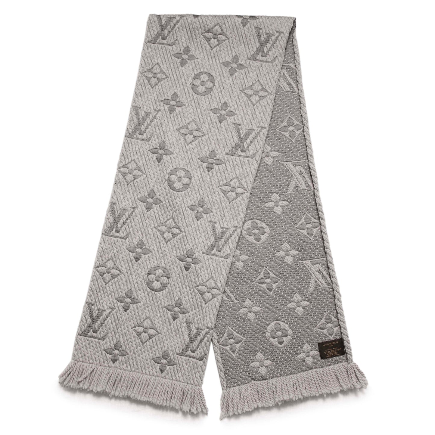 Exclusive Louis Vuitton Pearl Grey Wool Silk Logomania Scarf — Front View
