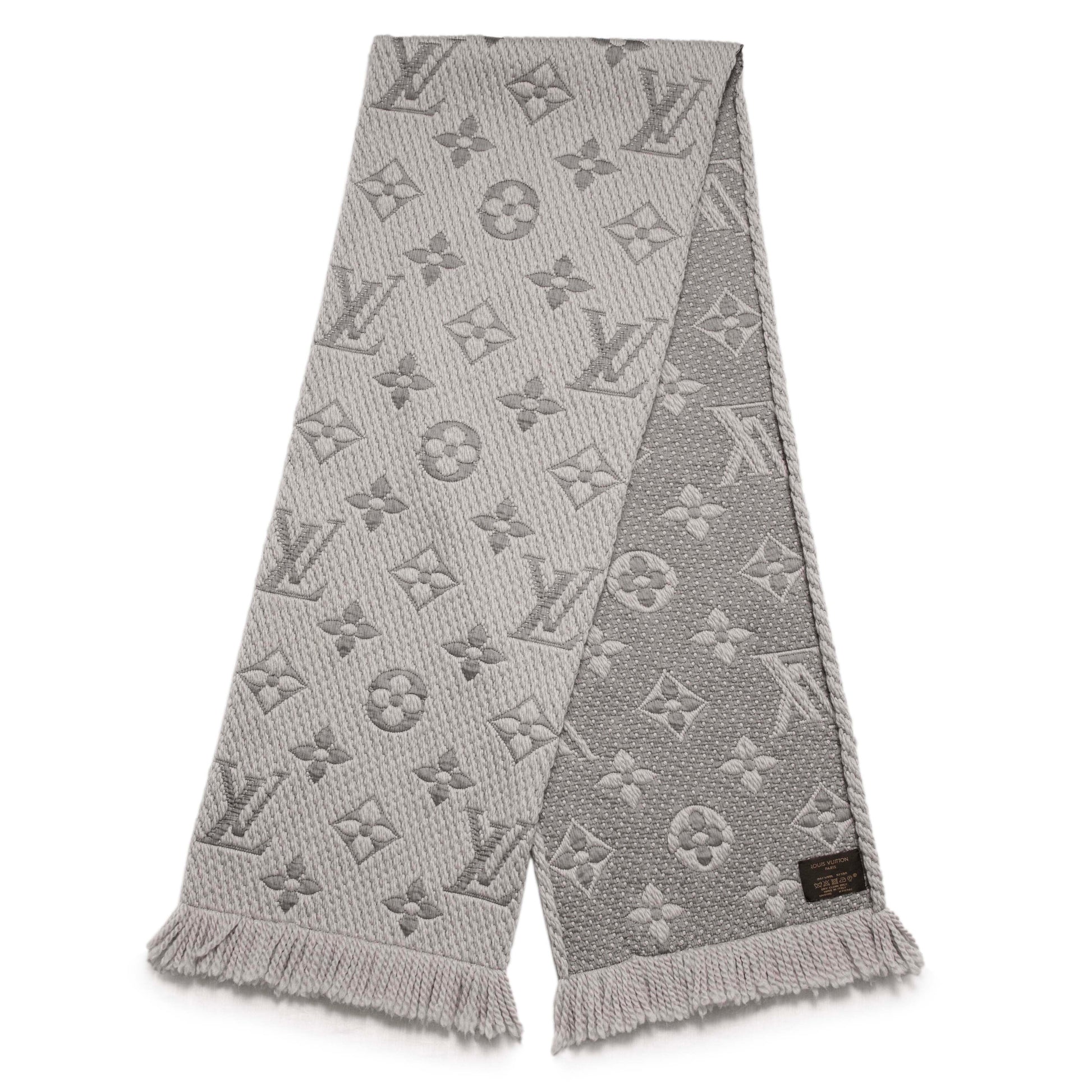 Exclusive Louis Vuitton Pearl Grey Wool Silk Logomania Scarf — Front View