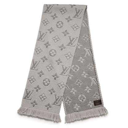 Exclusive Louis Vuitton Pearl Grey Wool Silk Logomania Scarf — Front View