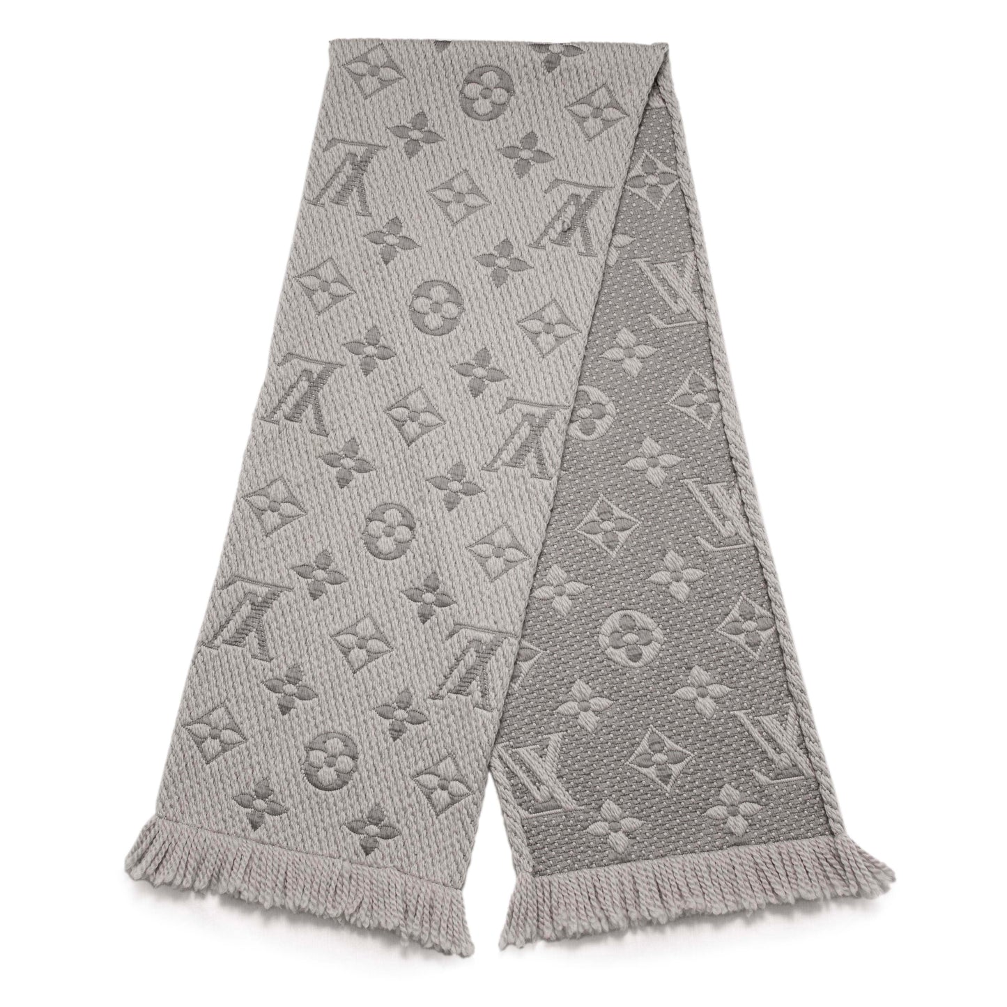 Exclusive Louis Vuitton Pearl Grey Wool Silk Logomania Scarf — Side View
