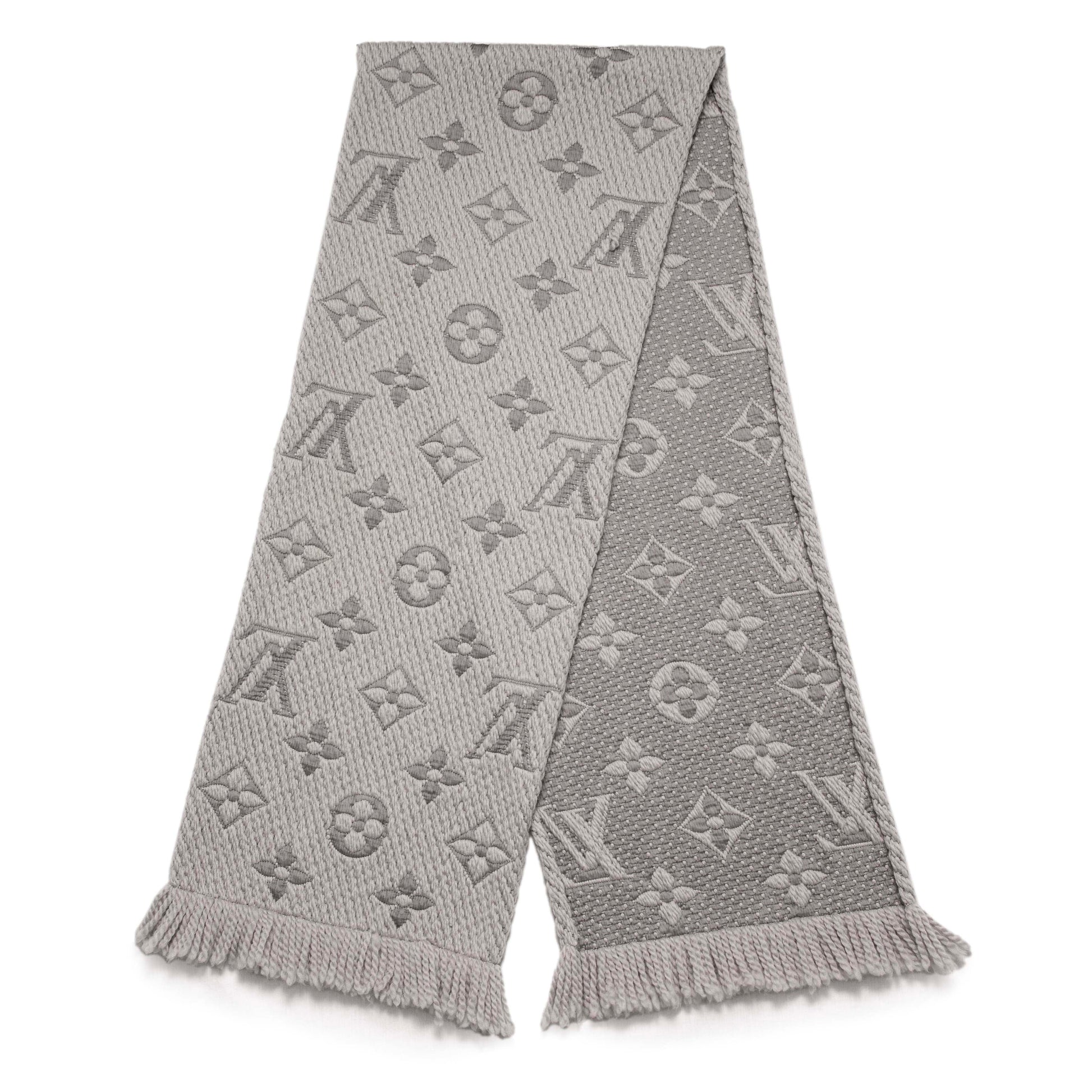 Exclusive Louis Vuitton Pearl Grey Wool Silk Logomania Scarf — Side View