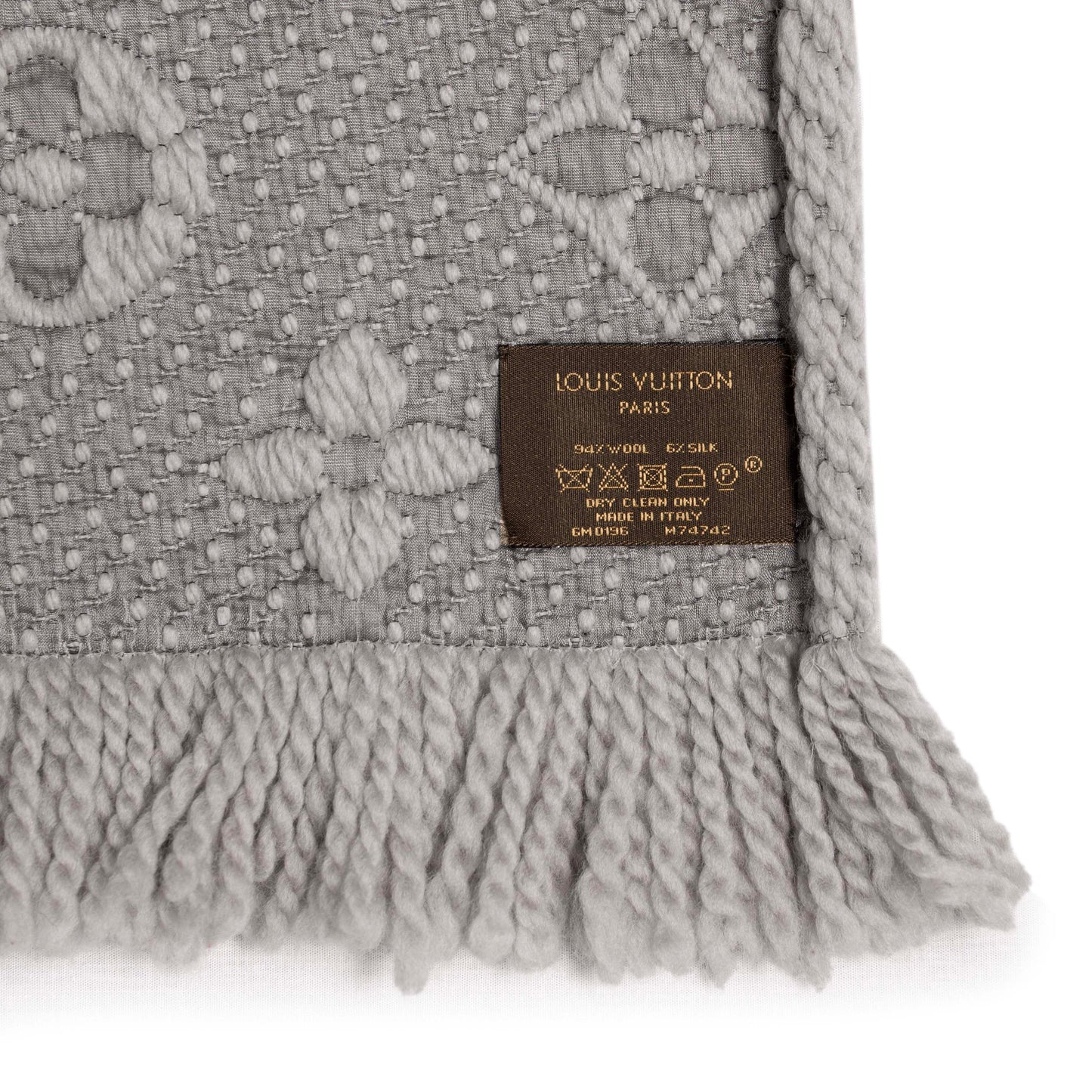 Exclusive Louis Vuitton Pearl Grey Wool Silk Logomania Scarf — Back View