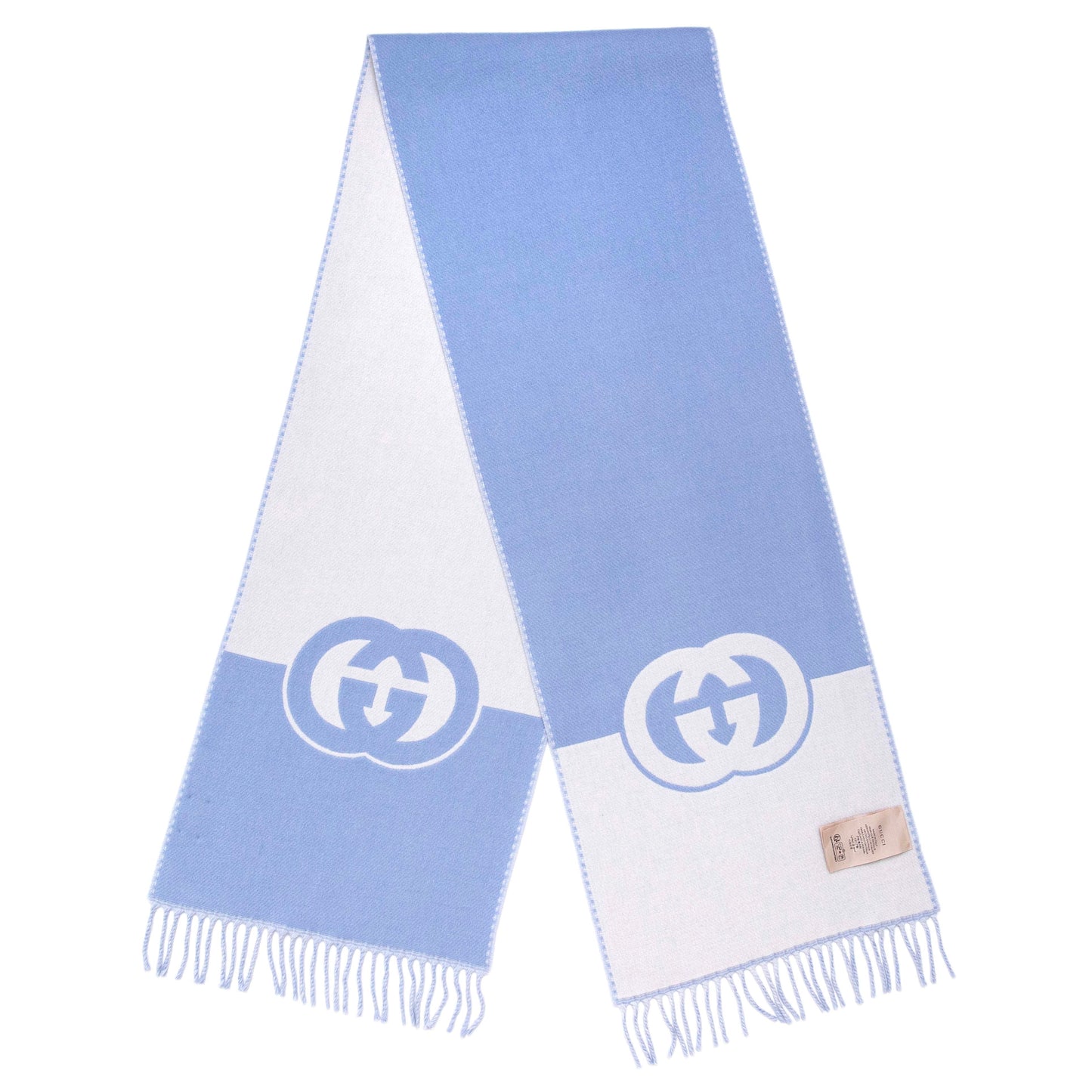Exclusive Gucci Blue Ivory Wool Cashmere Interlocking G Scarf — Side View