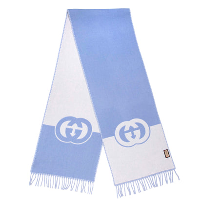 Exclusive Gucci Blue Ivory Wool Cashmere Interlocking G Scarf — Front View