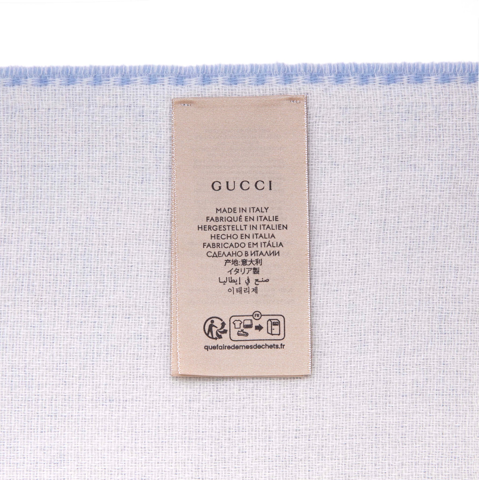 Exclusive Gucci Blue Ivory Wool Cashmere Interlocking G Scarf — Top View