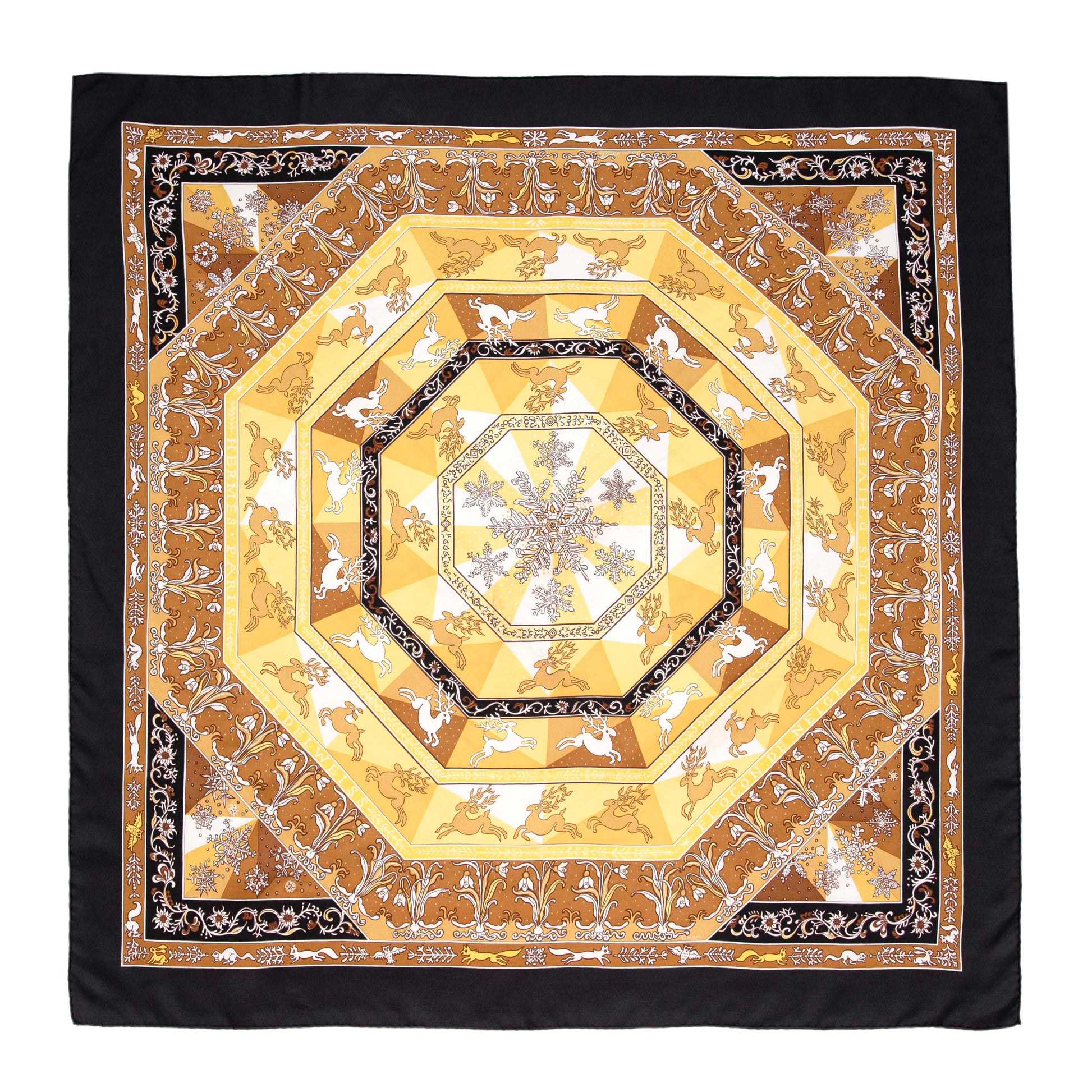 Exclusive Hermes Noir Jaune Or Silk Fleurs D'Hiver Scarf 90 — Side View