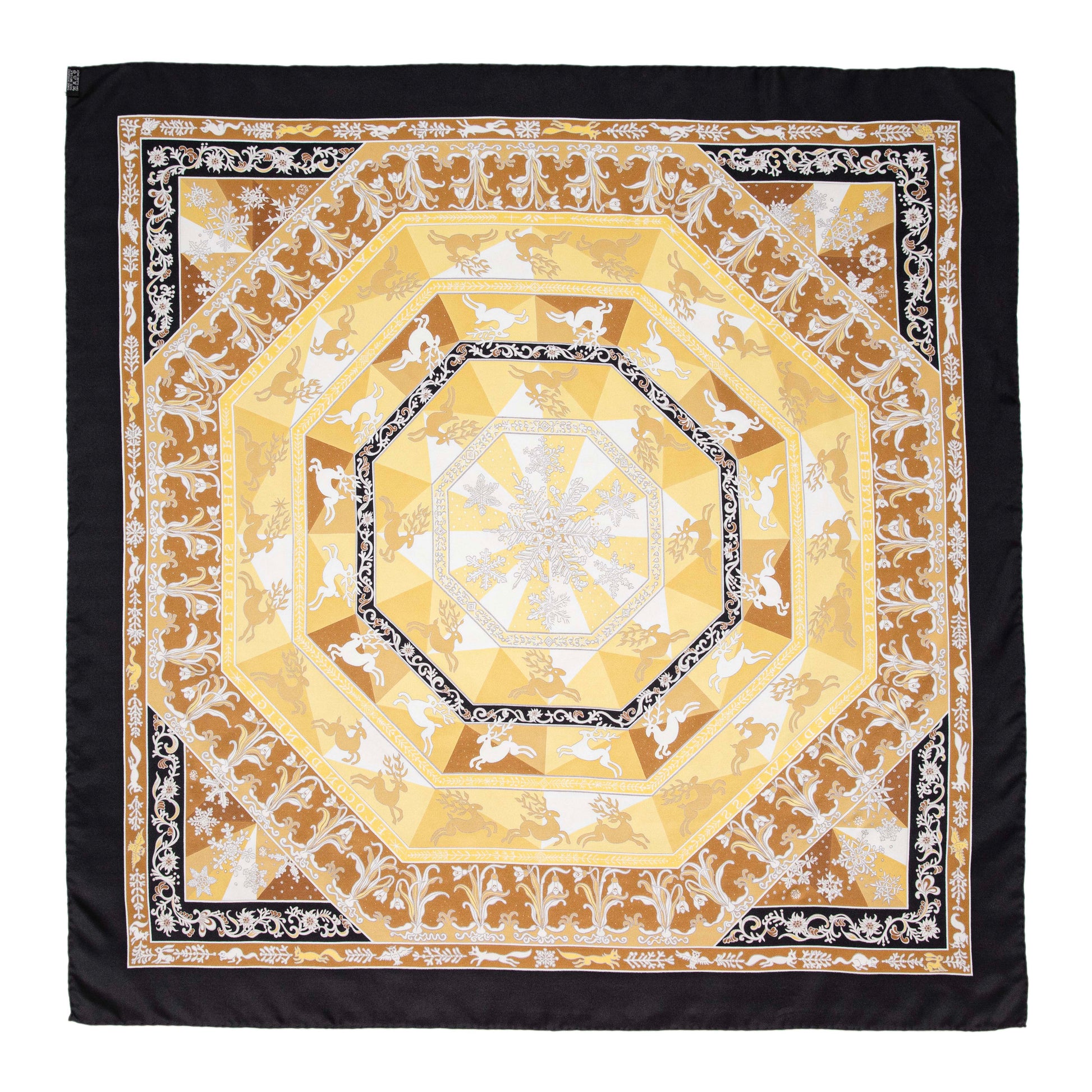 Exclusive Hermes Noir Jaune Or Silk Fleurs D'Hiver Scarf 90 — Back View