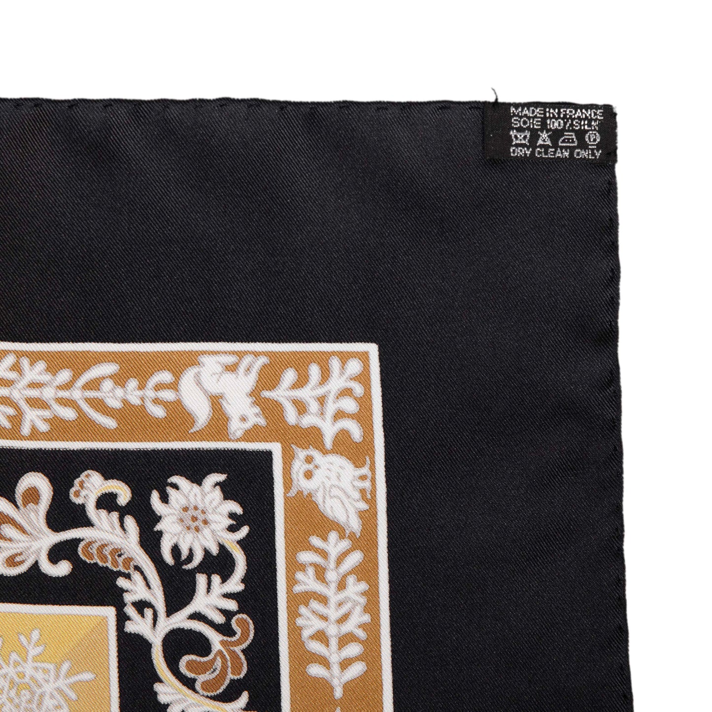 Exclusive Hermes Noir Jaune Or Silk Fleurs D'Hiver Scarf 90 — Top View