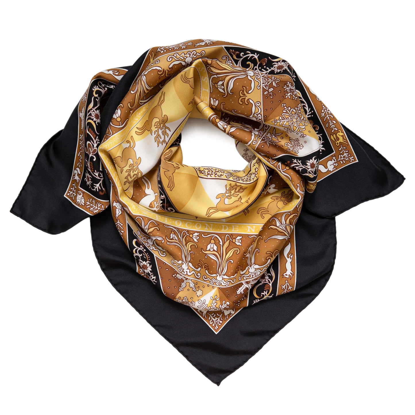 Exclusive Hermes Noir Jaune Or Silk Fleurs D'Hiver Scarf 90 — Front View