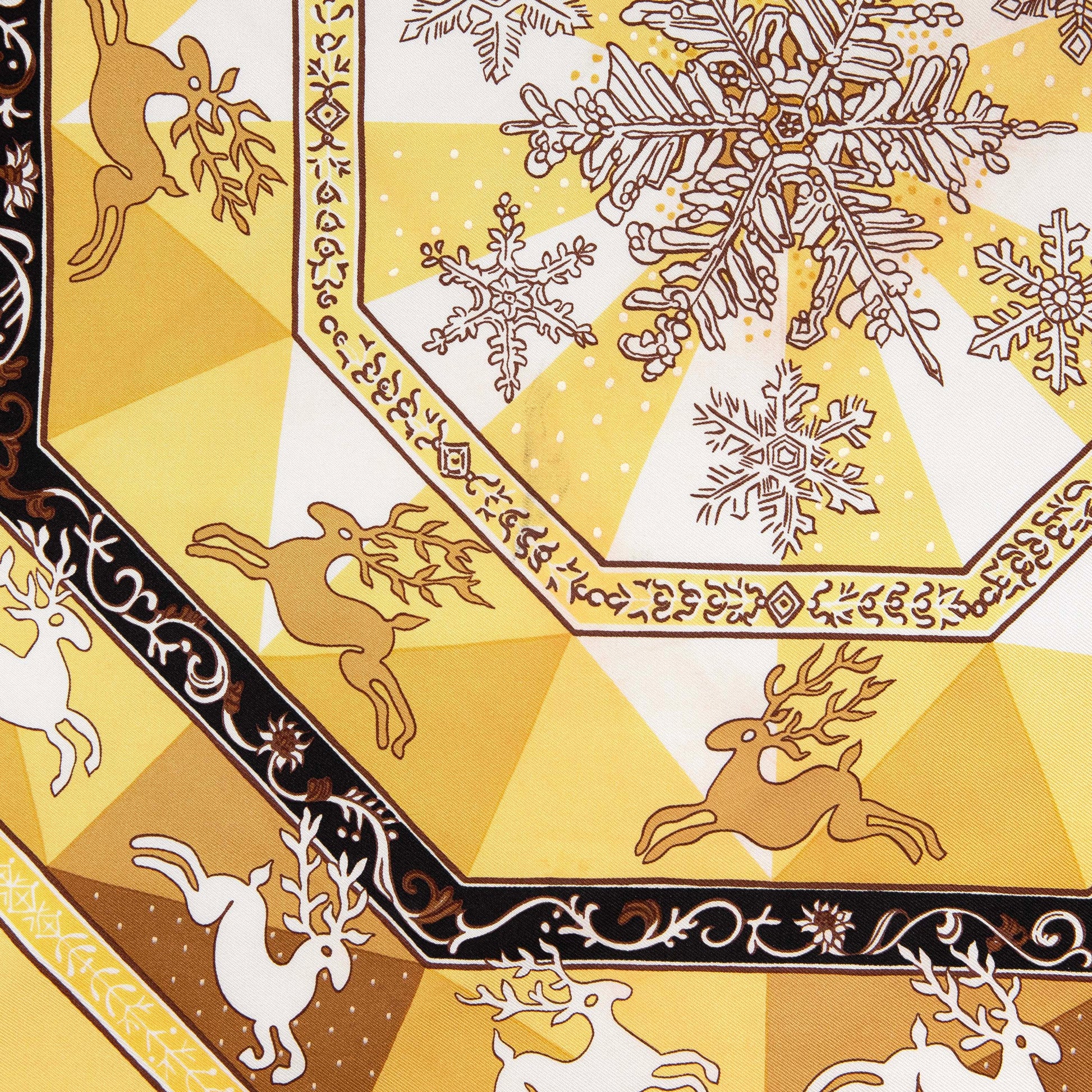 Exclusive Hermes Noir Jaune Or Silk Fleurs D'Hiver Scarf 90 — Detail View