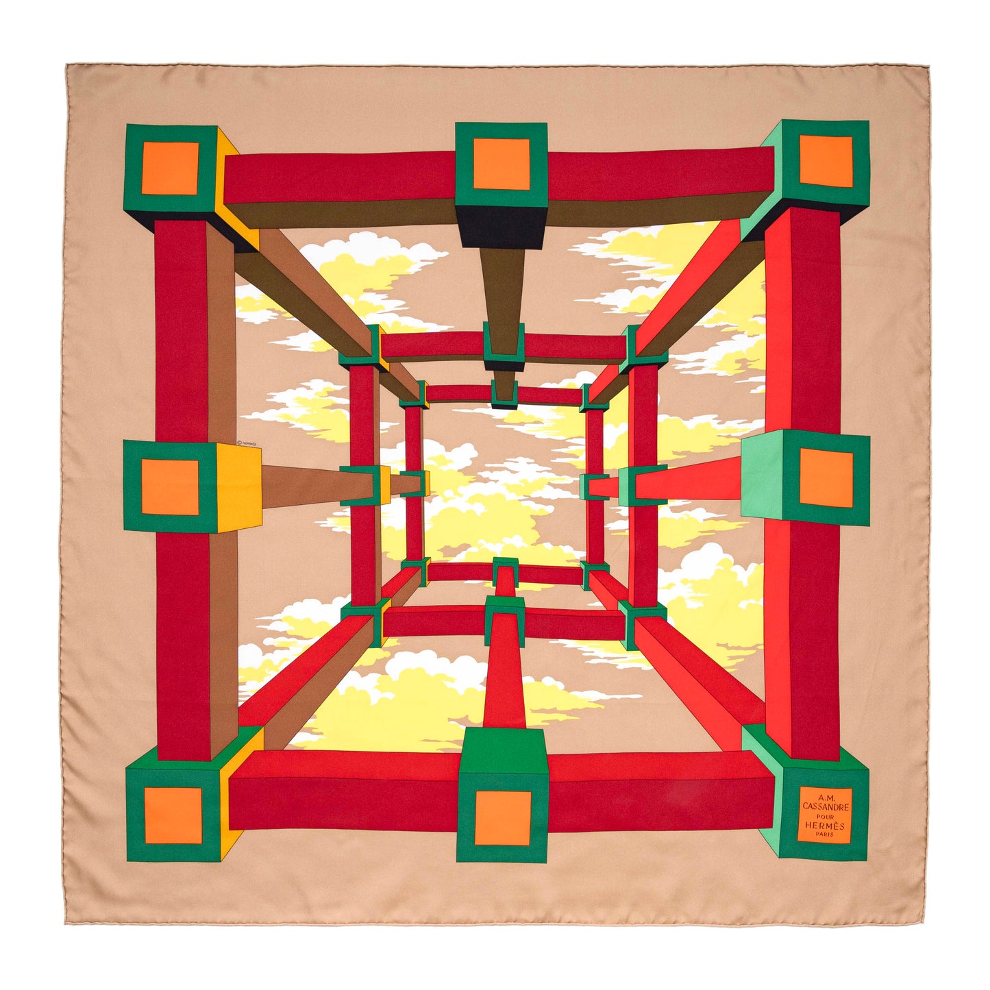 Exclusive Hermes Beige Rouge H Jaune Silk Perspective II Cassandre Scarf 90 — Side View