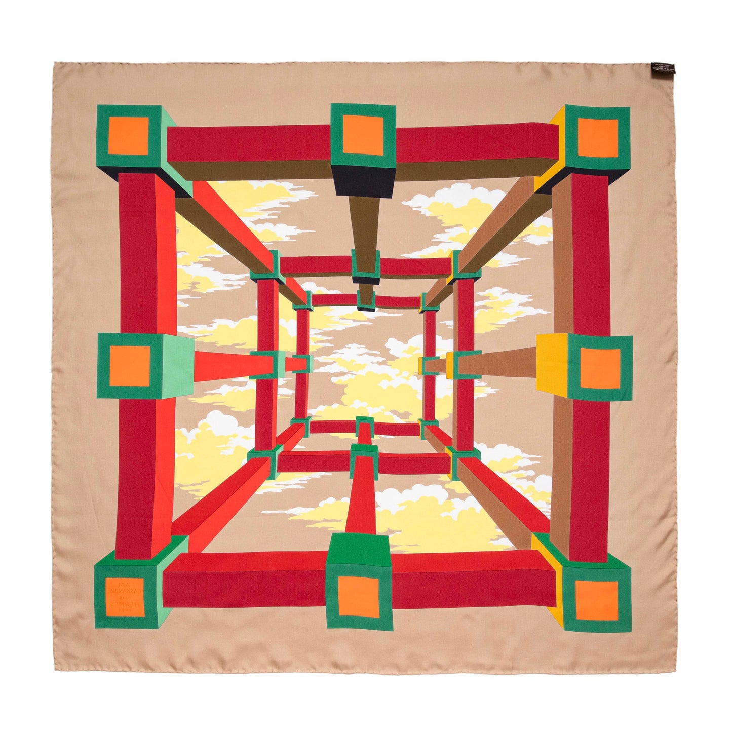 Exclusive Hermes Beige Rouge H Jaune Silk Perspective II Cassandre Scarf 90 — Back View