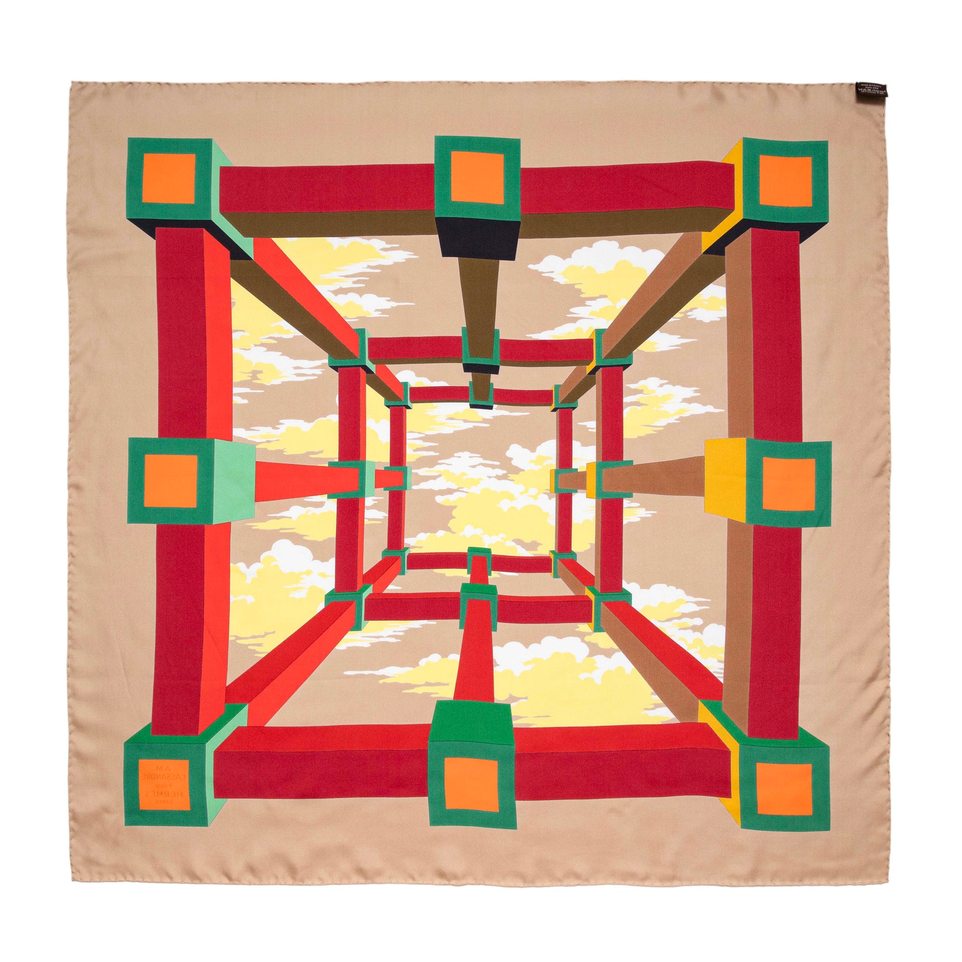 Exclusive Hermes Beige Rouge H Jaune Silk Perspective II Cassandre Scarf 90 — Back View