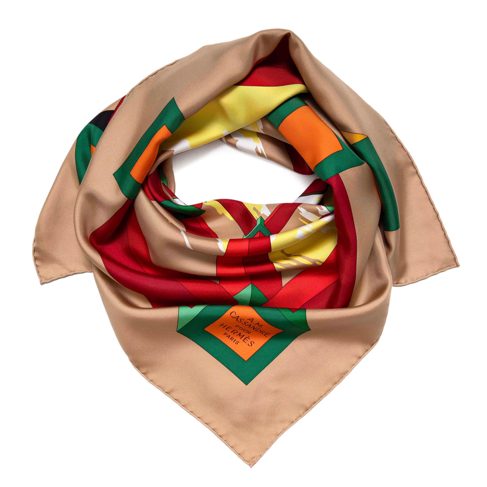 Exclusive Hermes Beige Rouge H Jaune Silk Perspective II Cassandre Scarf 90 — Front View