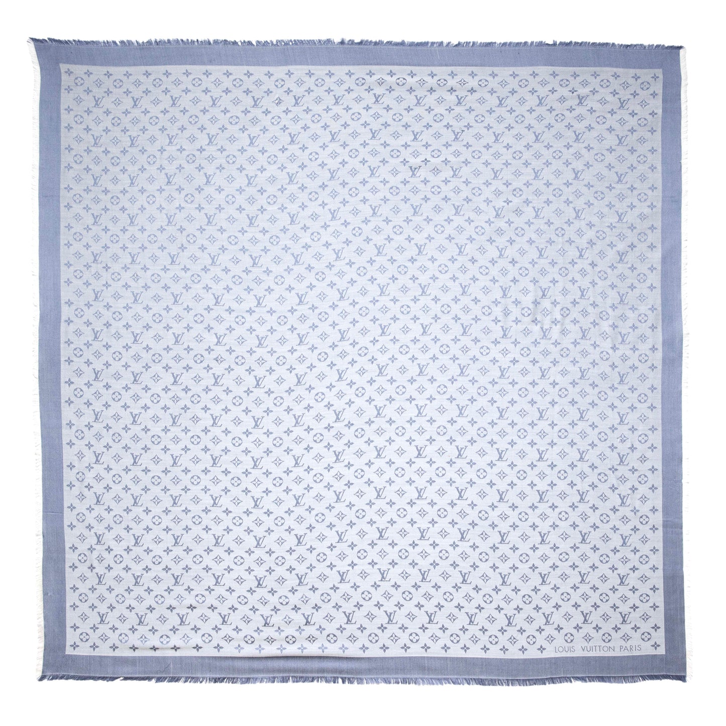 Exclusive Louis Vuitton Blue Silk Wool Monogram Shawl — Side View