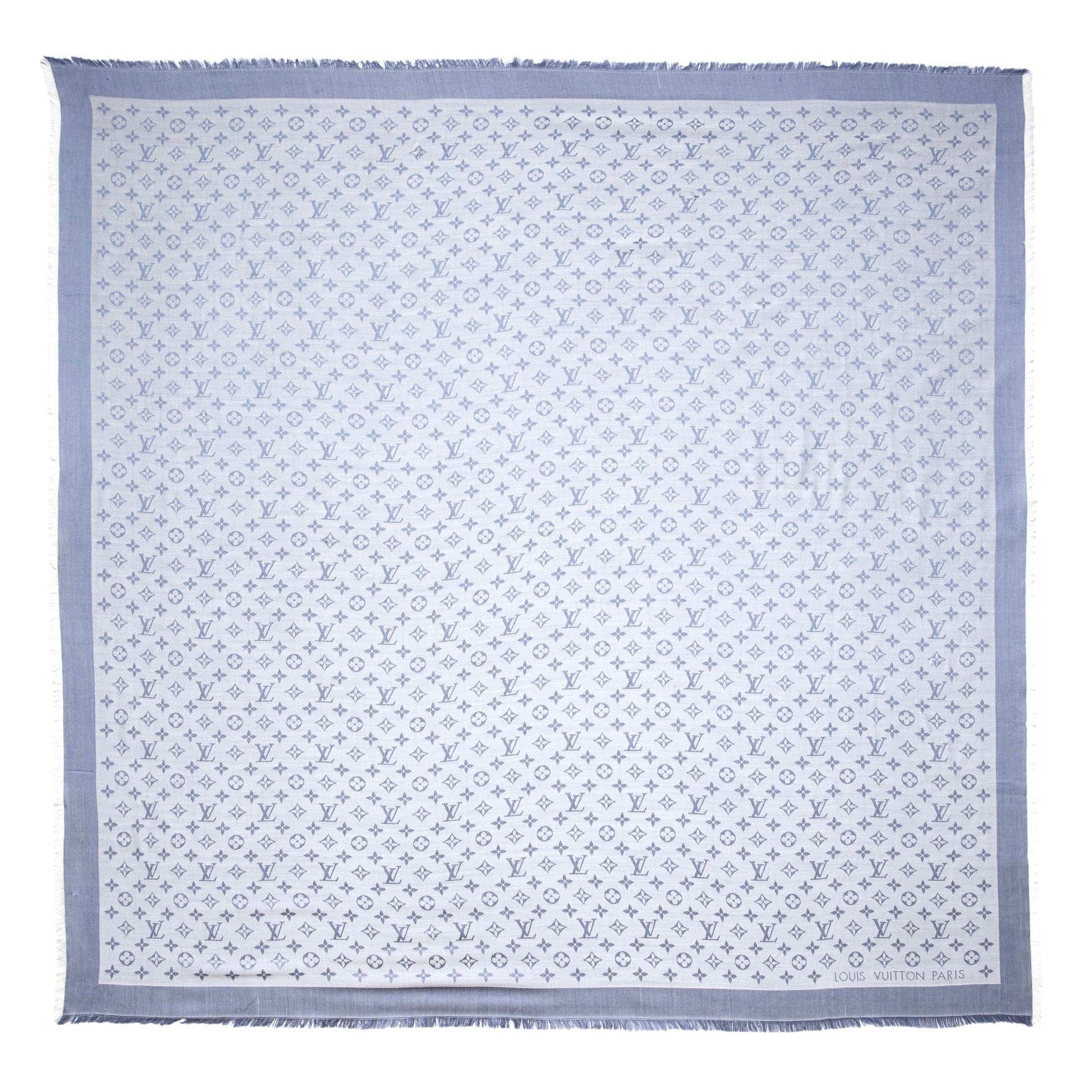 Exclusive Louis Vuitton Blue Silk Wool Monogram Shawl — Side View