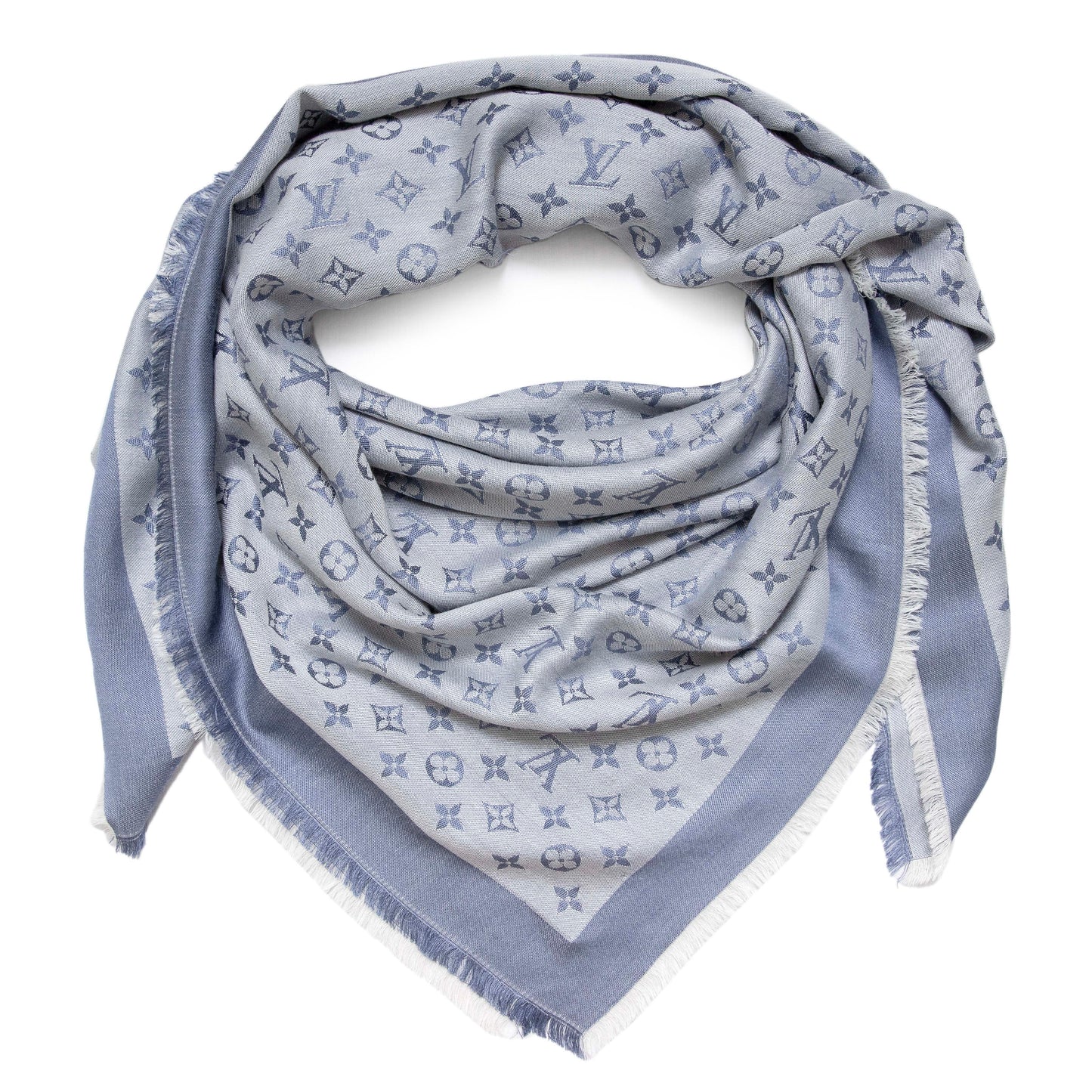 Exclusive Louis Vuitton Blue Silk Wool Monogram Shawl — Front View