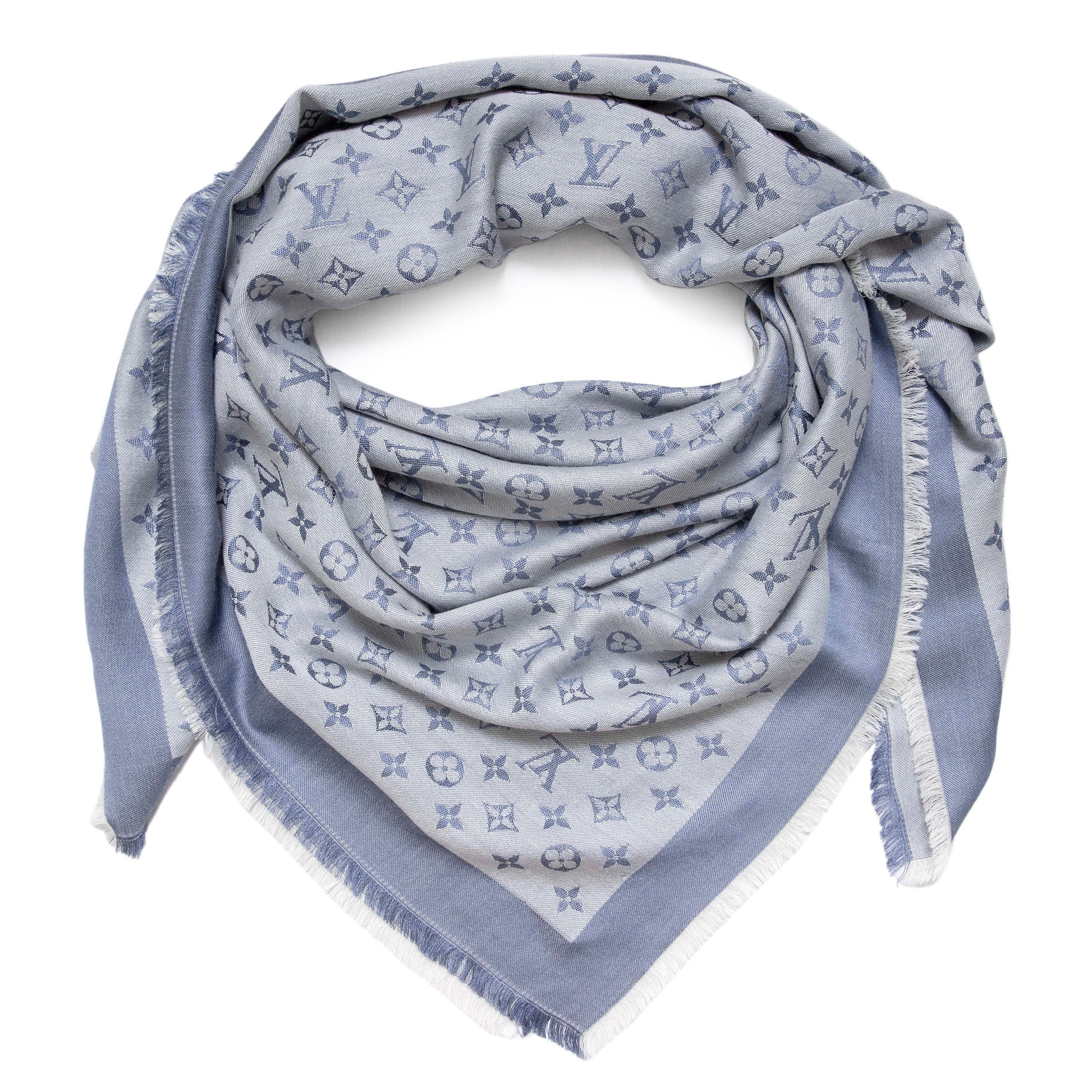 Exclusive Louis Vuitton Blue Silk Wool Monogram Shawl — Front View