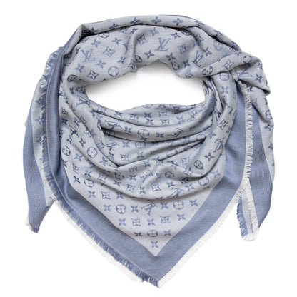 Exclusive Louis Vuitton Blue Silk Wool Monogram Shawl — Front View