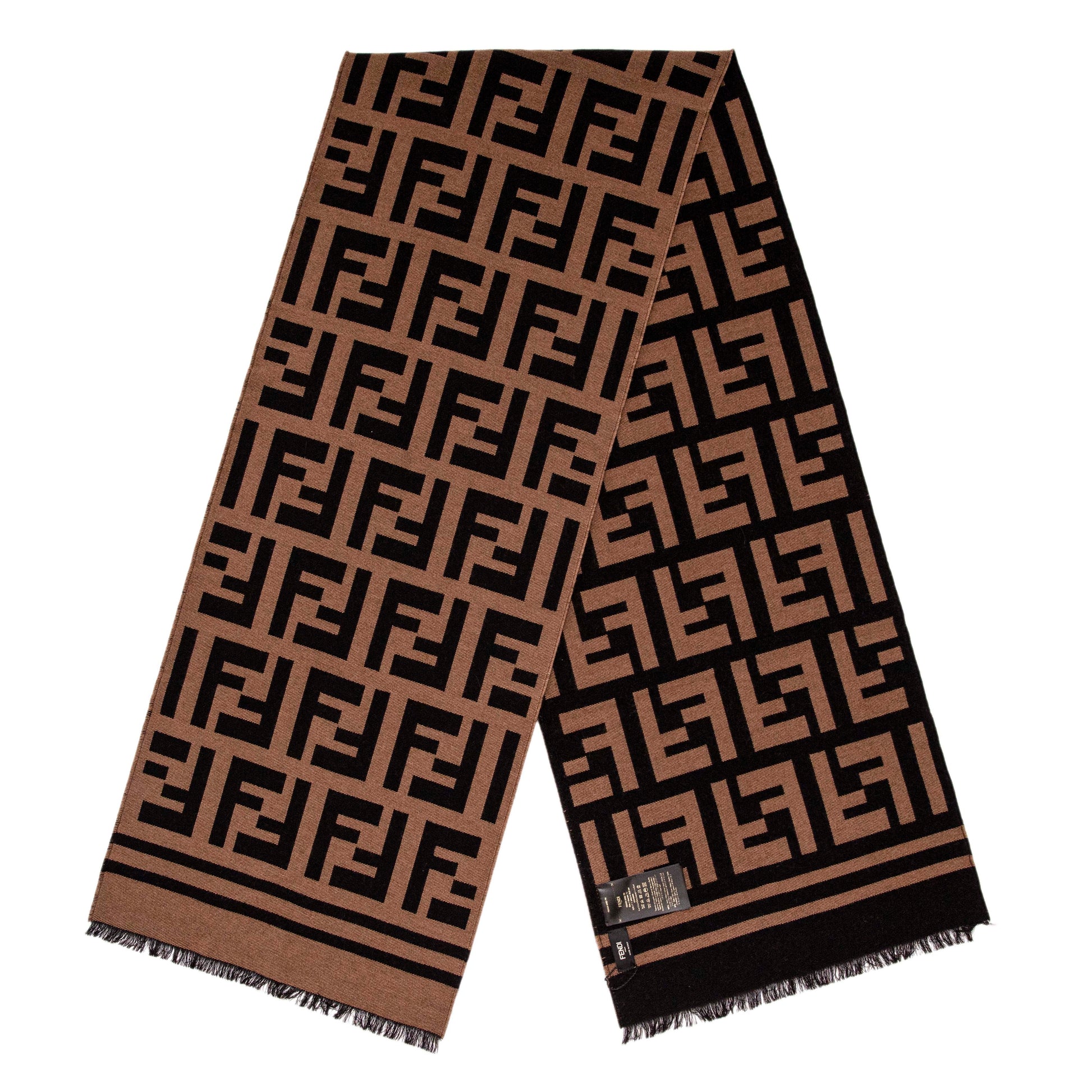 Exclusive Fendi Brown Wool Silk FF Motif Scarf — Front View