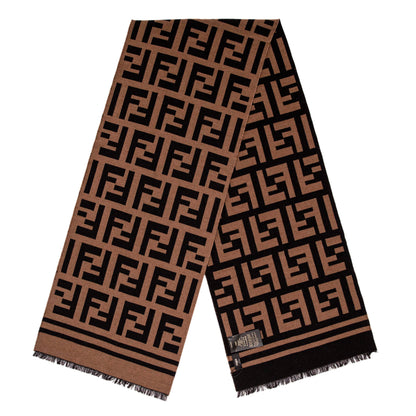 Exclusive Fendi Brown Wool Silk FF Motif Scarf — Front View