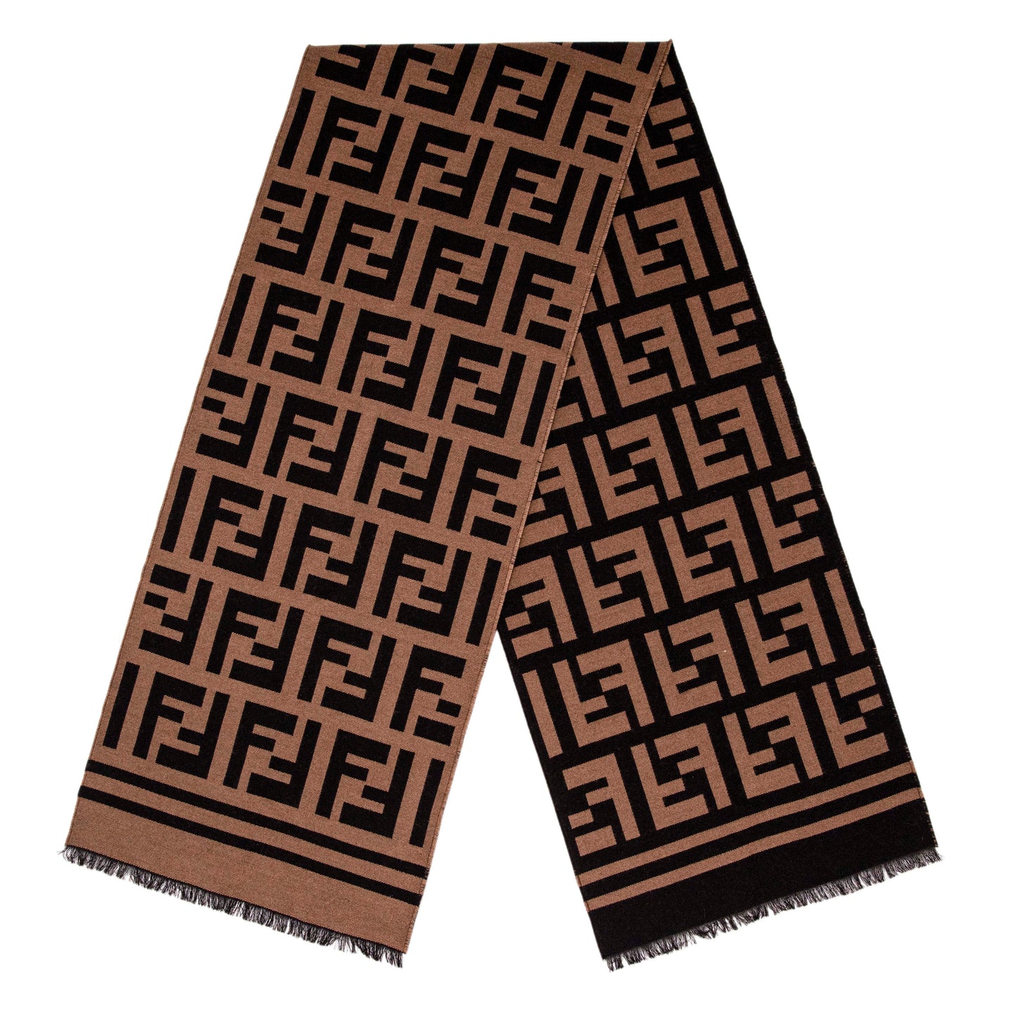 Exclusive Fendi Brown Wool Silk FF Motif Scarf — Side View