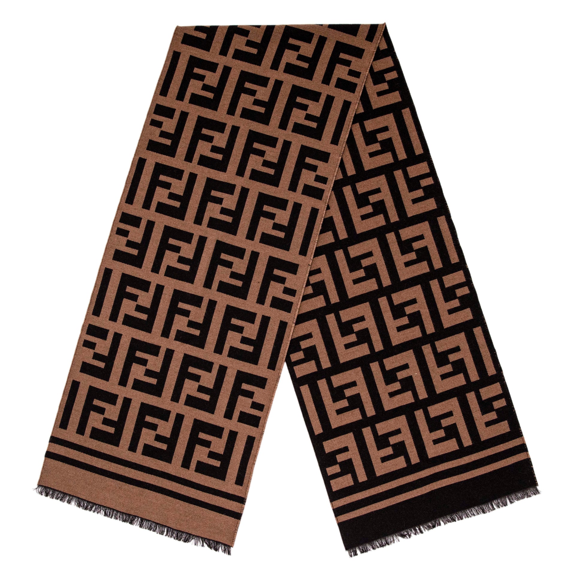 Exclusive Fendi Brown Wool Silk FF Motif Scarf — Side View