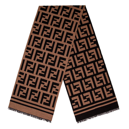 Exclusive Fendi Brown Wool Silk FF Motif Scarf — Side View