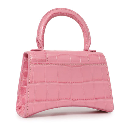 Exclusive Balenciaga Pink Crocodile Embossed Shiny Calfskin Mini Hourglass Top Handle Bag — Back View