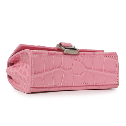 Exclusive Balenciaga Pink Crocodile Embossed Shiny Calfskin Mini Hourglass Top Handle Bag — Top View