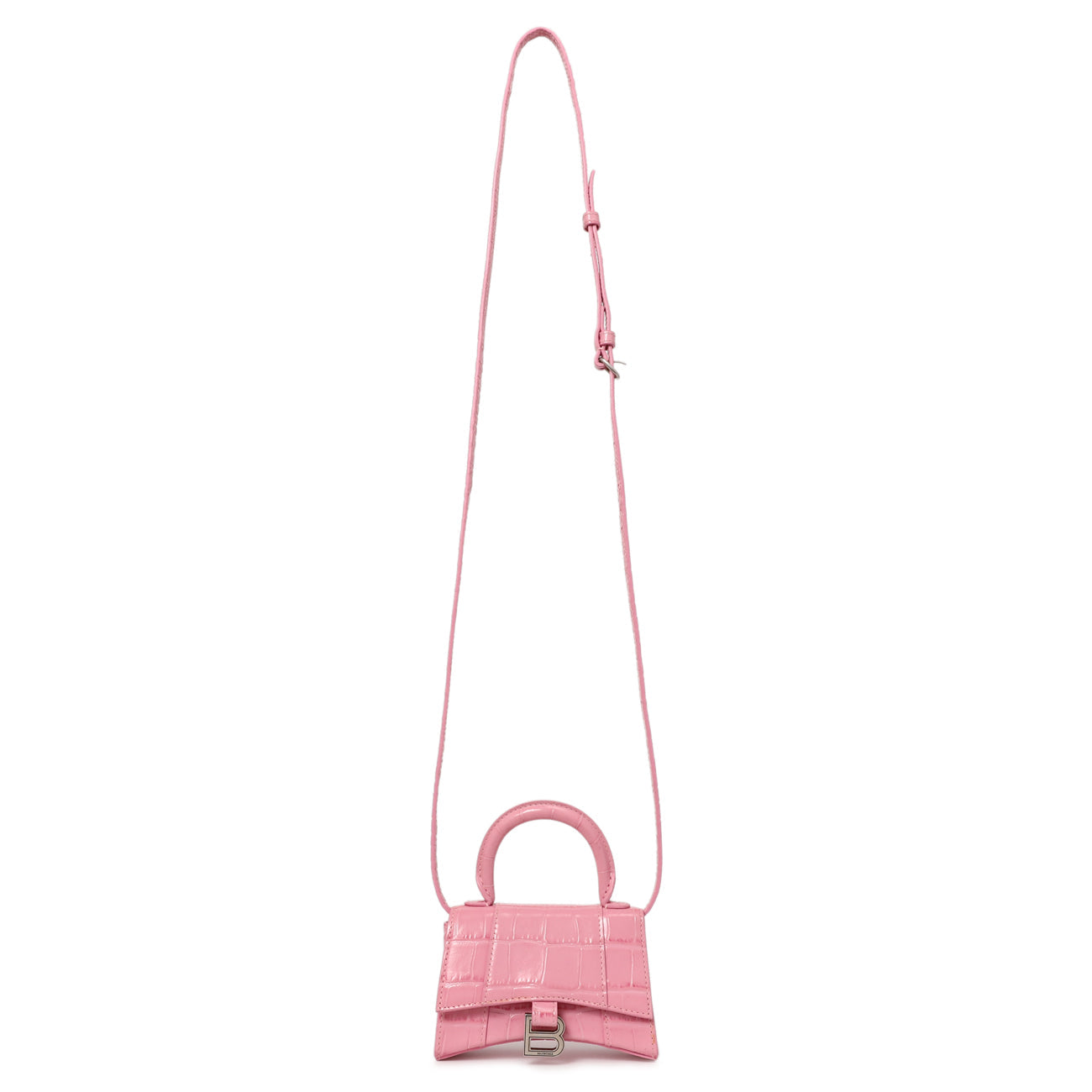 Exclusive Balenciaga Pink Crocodile Embossed Shiny Calfskin Mini Hourglass Top Handle Bag — Front View