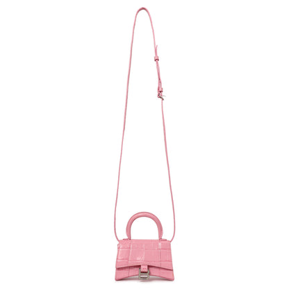 Exclusive Balenciaga Pink Crocodile Embossed Shiny Calfskin Mini Hourglass Top Handle Bag — Front View