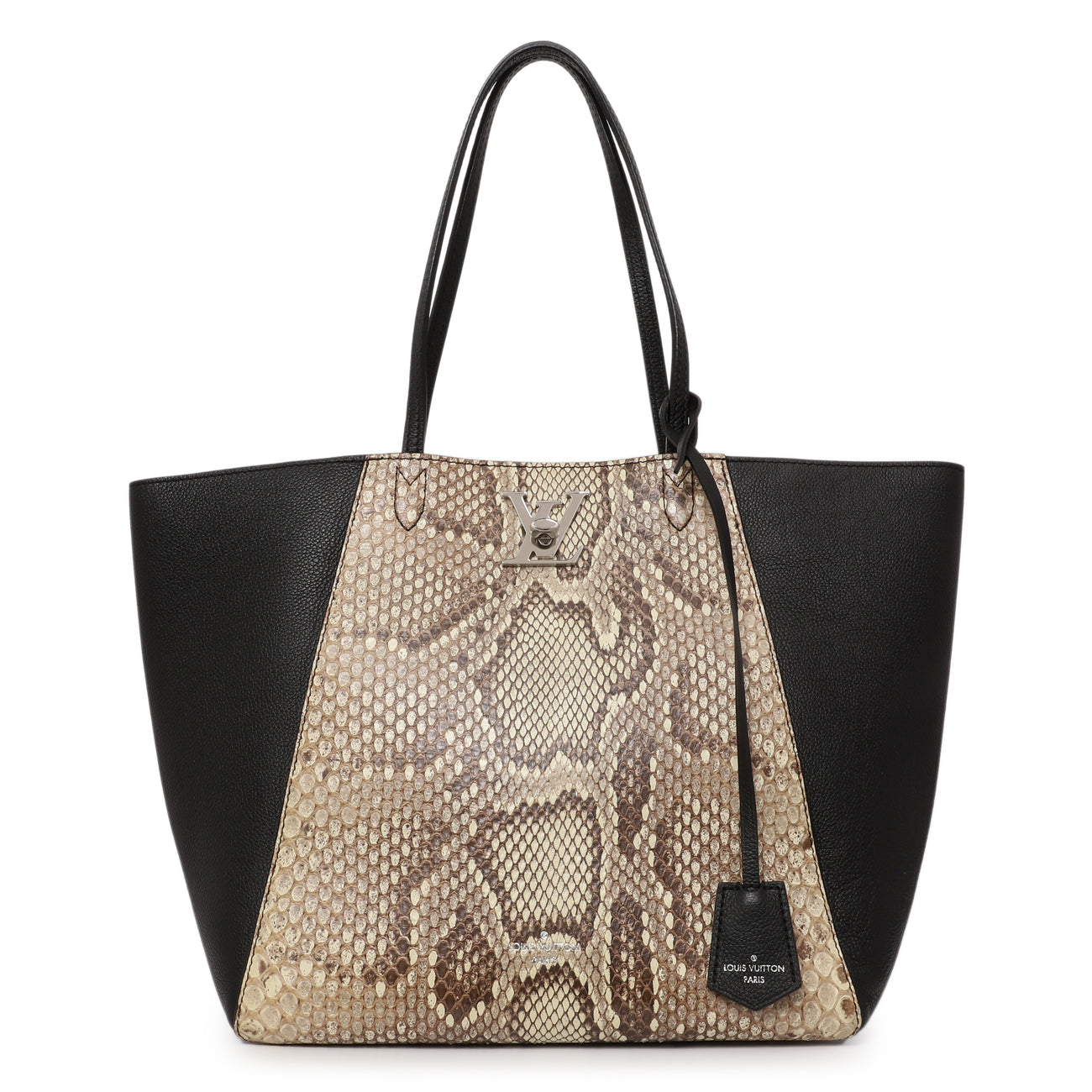 Exclusive Louis Vuitton Black Calfskin Python Lockme Cabas — Front View