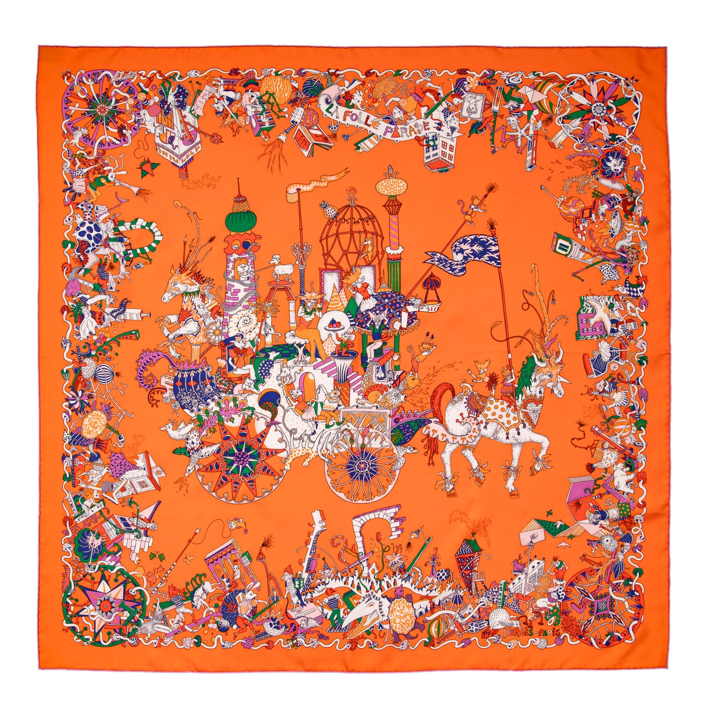 Exclusive Hermes Orange La Folle Parade Silk Scarf 90 — Side View