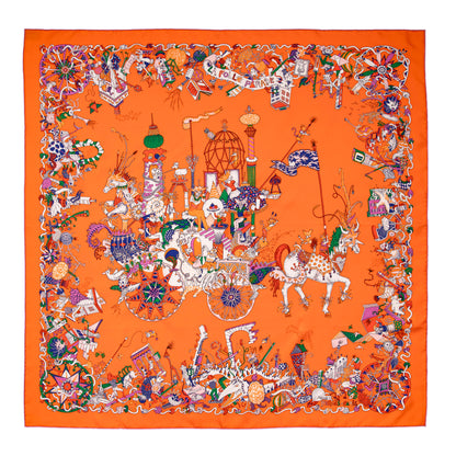 Exclusive Hermes Orange La Folle Parade Silk Scarf 90 — Side View
