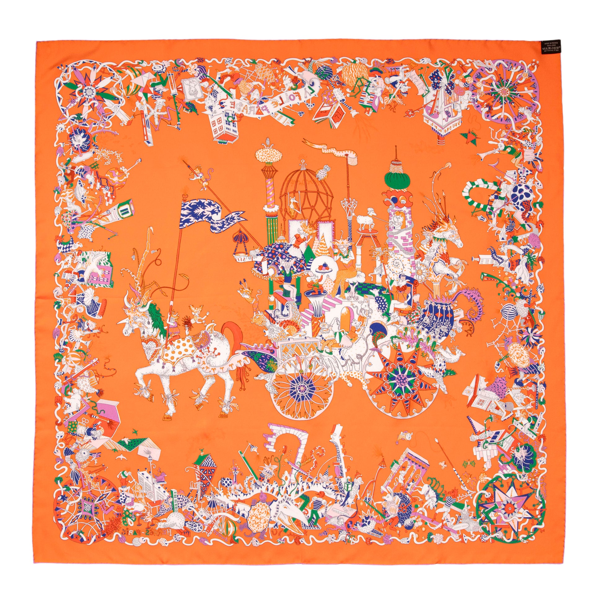Exclusive Hermes Orange La Folle Parade Silk Scarf 90 — Back View